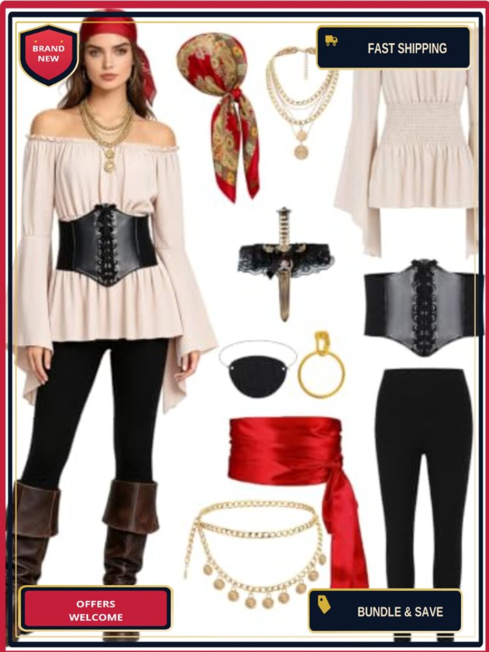 Womens Pirate Costume Set 10pc Corset Belt Halloween Cosplay Outfit